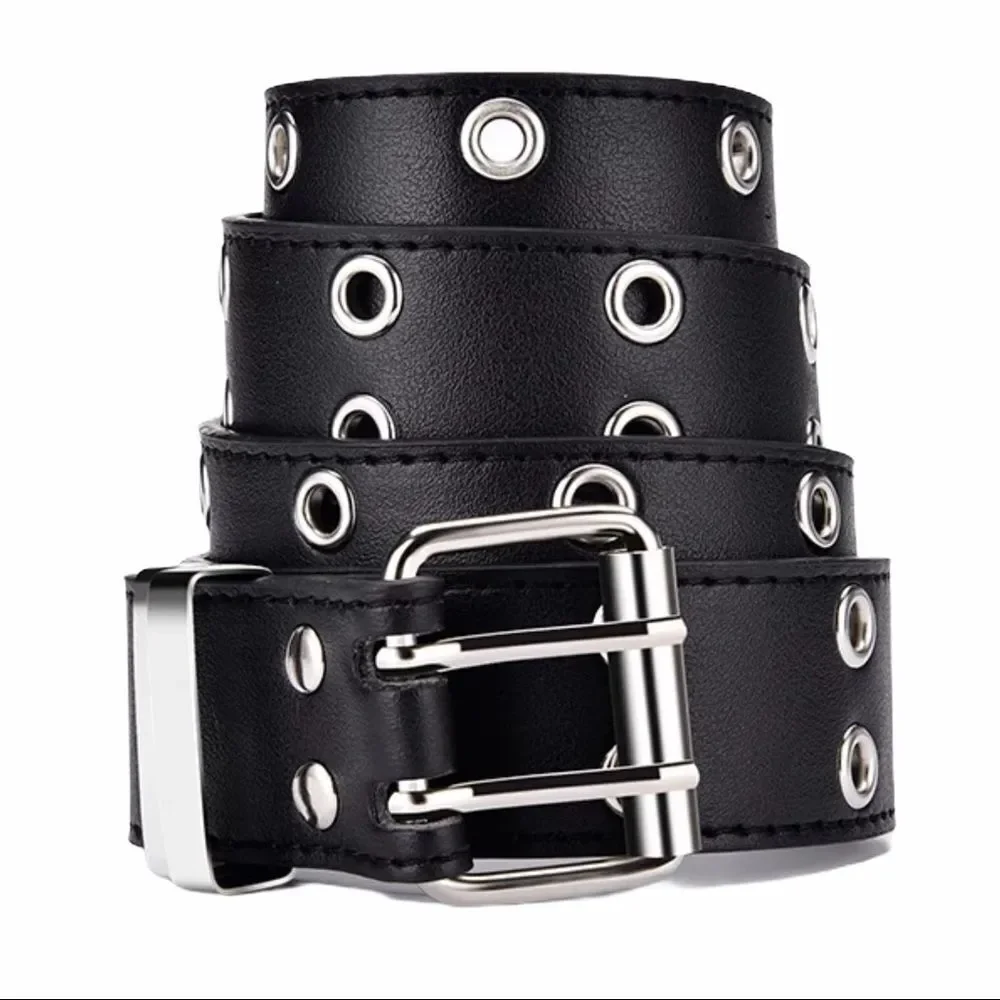 Brown Retro Y2K Double Row Silver Grommet Fashion Belt NEW